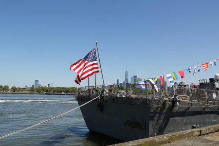 NEW YORK - MAY 24, 2018: US Navy Arleigh Burke-class destroyer USS Mitscher docked in Brooklyn Cruise Terminal during Fleet Week 2018 in New York.
