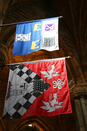 EDINBURGH, SCOTLAND - JULY 4, 2018: The heraldic banners of knights inside the St Giles' Cathedral in Edinburgh, Scotlandのeditorial素材