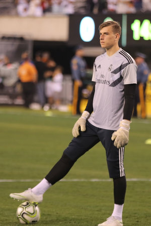 EAST RUTHERFORD, NJ - AUGUST 7, 2018: Andriy Lunin new goalkeeper of Real Madrid  during warm up before Real Madrid vs Roma match in the 2018 International Champions Cup at MetLife stadium. Real Madrid won 2-1のeditorial素材