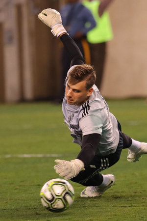 EAST RUTHERFORD, NJ - AUGUST 7, 2018: Andriy Lunin new goalkeeper of Real Madrid  during warm up before Real Madrid vs Roma match in the 2018 International Champions Cup at MetLife stadium. Real Madrid won 2-1のeditorial素材