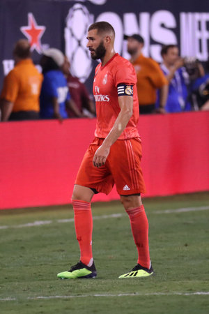 EAST RUTHERFORD, NJ - AUGUST 7, 2018: Striker Karim Benzema of Real Madrid #9 in action against Roma in the 2018 International Champions Cup match at MetLife stadium. Real Madrid won 2-1のeditorial素材