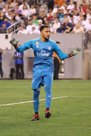 EAST RUTHERFORD, NJ - AUGUST 7, 2018: Goalkeeper Keylor Navas of Real Madrid #1  in action against Roma in the 2018 International Champions Cup match at MetLife stadium. Real Madrid won 2-1のeditorial素材