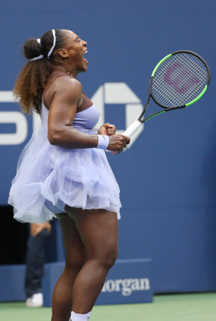 NEW YORK - SEPTEMBER 2, 2018: 23-time Grand Slam champion Serena Williams in action during her 2018 US Open round of 16 match at Billie Jean King National Tennis Centerのeditorial素材