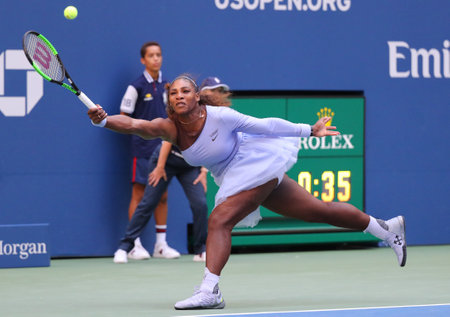 NEW YORK - SEPTEMBER 2, 2018: 23-time Grand Slam champion Serena Williams in action during her 2018 US Open round of 16 match at Billie Jean King National Tennis Centerのeditorial素材