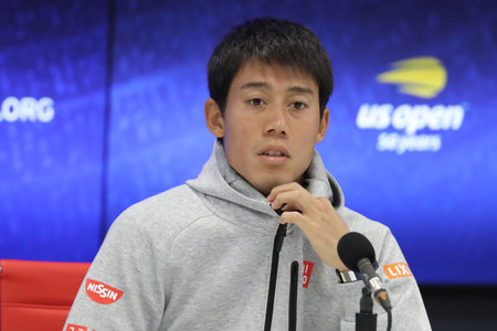 NEW YORK - SEPTEMBER 7, 2018: Professional tennis player Kei Nishikori of Japan during press conference after his 2018 US Open semi-final match at Billie Jean King National Tennis Centerのeditorial素材