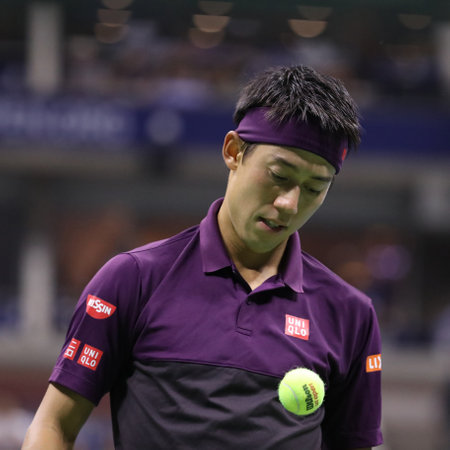 NEW YORK - SEPTEMBER 7, 2018: Professional tennis player Kei Nishikori of Japan in action during his 2018 US Open semi-final match at Billie Jean King National Tennis Centerのeditorial素材