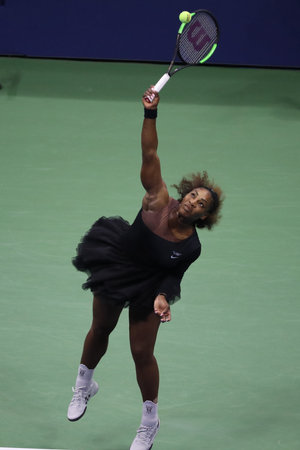 NEW YORK - SEPTEMBER 8, 2018: 23-time Grand Slam champion Serena Williams in action during her 2018 US Open final match against Naomi Osaka at Billie Jean King National Tennis Centerのeditorial素材
