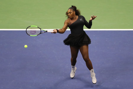 NEW YORK - SEPTEMBER 8, 2018: 23-time Grand Slam champion Serena Williams in action during her 2018 US Open final match against Naomi Osaka at Billie Jean King National Tennis Centerのeditorial素材