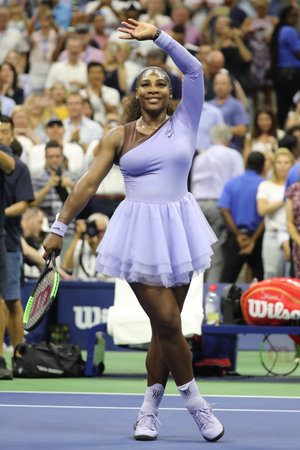 NEW YORK - SEPTEMBER 6, 2018: 23-time Grand Slam champion Serena Williams celebrates victory after her 2018 US Open semi-final match at Billie Jean King National Tennis Centerのeditorial素材