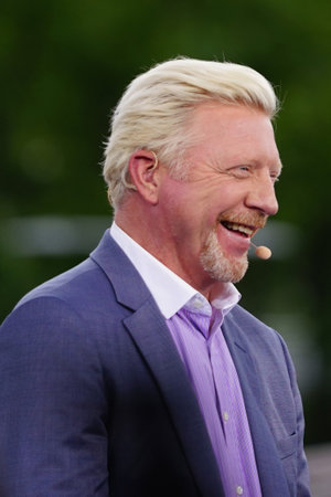 NEW YORK - SEPTEMBER 8, 2018: Eurosport analyst Grand Slam Champion Boris Becker comments tennis match during US Open 2018 at Billie Jean King National Tennis Center New Yorkのeditorial素材