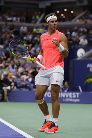 NEW YORK - AUGUST 31, 2018: 17-time Grand Slam champion Rafael Nadal of Spain in action during his 2018 US Open round of 32 match at Billie Jean King National Tennis Centerのeditorial素材