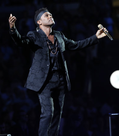 NEW YORK - AUGUST 27, 2018: American singer and songwriter Maxwell sings National Anthem at the 2018 US Open opening night ceremony at National Tennis Center in New Yorkのeditorial素材
