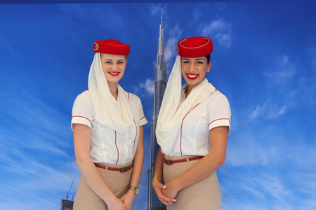 NEW YORK - SEPTEMBER 6, 2018: Emirates Airlines flight attendants at the Emirates Airlines booth during 2018 US Open at the Billie Jean King National Tennis Center in New Yorkのeditorial素材