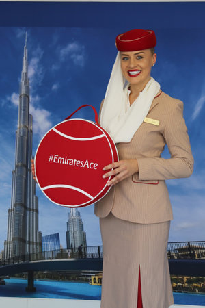 NEW YORK - SEPTEMBER 6, 2018: Emirates Airlines flight attendants at the Emirates Airlines booth during 2018 US Open at the Billie Jean King National Tennis Center in New Yorkのeditorial素材