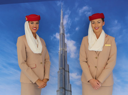 NEW YORK - SEPTEMBER 6, 2018: Emirates Airlines flight attendants at the Emirates Airlines booth during 2018 US Open at the Billie Jean King National Tennis Center in New Yorkのeditorial素材