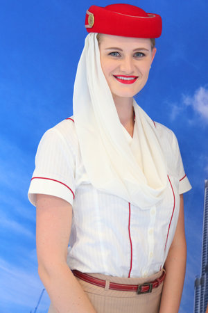 NEW YORK - SEPTEMBER 6, 2018: Emirates Airlines flight attendants at the Emirates Airlines booth during 2018 US Open at the Billie Jean King National Tennis Center in New Yorkのeditorial素材