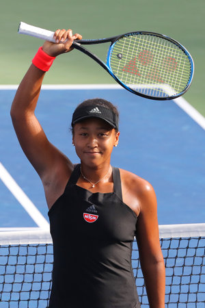 NEW YORK - SEPTEMBER 1, 2018: Professional tennis player Naomi Osaka of Japan celebrates victory after her  2018 US Open round of 32 match at Billie Jean King National Tennis Center in New yorkのeditorial素材