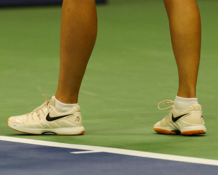 NEW YORK - SEPTEMBER 1, 2018: Five times Grand Slam Champion Maria Sharapova of Russia wears custom Nike tennis shoes during 2018 US Open round of 32 match at Billie Jean King National Tennis Centerのeditorial素材