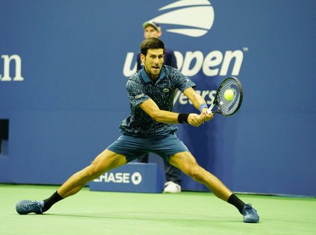 NEW YORK - SEPTEMBER 7, 2018: 13-time Grand Slam champion Novak Djokovic of Serbia in action during his 2018 US Open Round of 32 match at Billie Jean King National Tennis Centerのeditorial素材