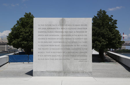 NEW YORK - AUGUST 8, 2018: The Franklin D. Roosevelt Four Freedoms Park located at Roosevelt Island in New York. It celebrates the Four Freedoms he articulated in his 1941 State of the Union addressのeditorial素材
