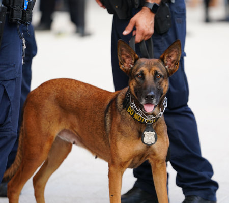 NEW YORK - AUGUST 27, 2018: NYPD K-9 dog provides security at National Tennis Center during 2018 US Openのeditorial素材