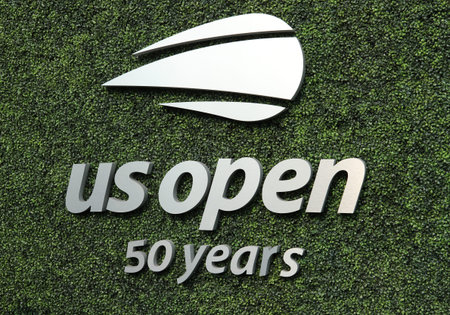 NEW YORK - AUGUST 28, 2018: US Open logo at Arthur Ashe Stadium at Billie Jean King National Tennis...
