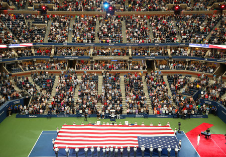 NEW YORK- SEPTEMBER 8, 2018: U.S. Military Academy at West Point cadets unfurling American Flag before the U.S. Open Men's Tennis Final match at Billie Jean King National Tennis Centerのeditorial素材