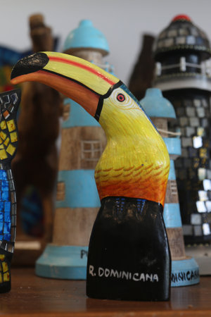 PUNTA CANA, DOMINICAN REPUBLIC - DECEMBER 31, 2018: Local souvenirs at the beach market at Bavaro Beach in Punta Cana, Dominican Republicのeditorial素材