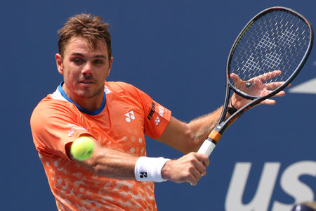 NEW YORK - AUGUST 27, 2018:  Grand Slam Champion Stanislas Wawrinka of Switzerland in action during his first round match at the 2018 US Open at USTA National Tennis Centerのeditorial素材
