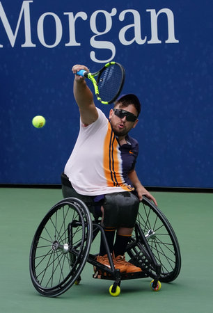 NEW YORK -SEPTEMBER 8, 2018: Wheelchair tennis player Dylan Alcott of Australia in action during his Wheelchair Quad Singles semifinal match at 2018 US Open at Billie Jean King National Tennis Centerのeditorial素材