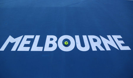 MELBOURNE, AUSTRALIA - JANUARY 23, 2019: Iconic Melbourne sign at Rod Laver Arena with Wilson tennis ball with Australian Open logo at Australian tennis center in Melbourne Parkのeditorial素材