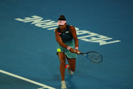 MELBOURNE, AUSTRALIA - JANUARY 24, 2019: Grand Slam champion Naomi Osaka of Japan in action during her semifinal match at 2019 Australian Open in Melbourne Parkのeditorial素材