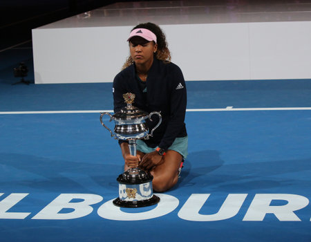 MELBOURNE, AUSTRALIA - JANUARY 26, 2019: 2 times Grand Slam Champion Naomi Osaka of Japan posing with Australian Open trophy after her victory in final match at 2019 Australian Open in Melbourne Parkのeditorial素材