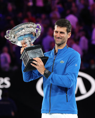 MELBOURNE, AUSTRALIA - JANUARY 27, 2019: 2019 Australian Open champion Novak Djokovic of Serbia during trophy presentation after men's final match at Rod Laver Arena in Melbourne Parkのeditorial素材