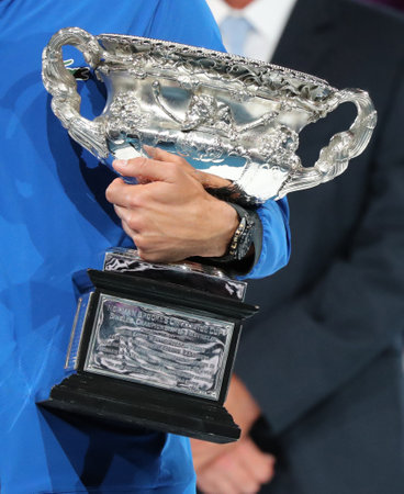 MELBOURNE, AUSTRALIA - JANUARY 27, 2019: 2019 Australian Open champion Novak Djokovic of Serbia  holds Norman Brookes trophy after men's final match at Rod Laver Arena in Melbourne Parkのeditorial素材