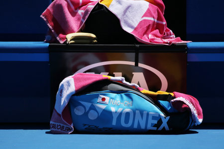 MELBOURNE, AUSTRALIA - JANUARY 21, 2019: Grand Slam champion Naomi Osaka of Japan uses her custom Yonex tennis racket bag during her round of 16 match at 2019 Australian Open in Melbourne Parkのeditorial素材