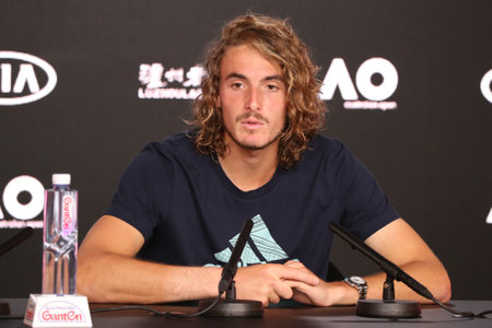 MELBOURNE, AUSTRALIA - JANUARY 24, 2019: Professional tennis player Stefanos Tsitsipas of Greece during press conference after his semifinal match against Rafael Nadal at Australian Open 2019 in Melbourne Parkのeditorial素材