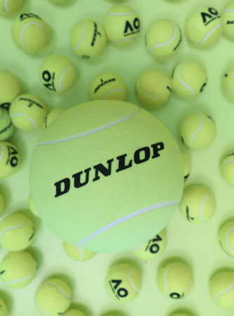 MELBOURNE, AUSTRALIA - JANUARY 23, 2019: Dunlop tennis balls with Australian Open logo on display at...