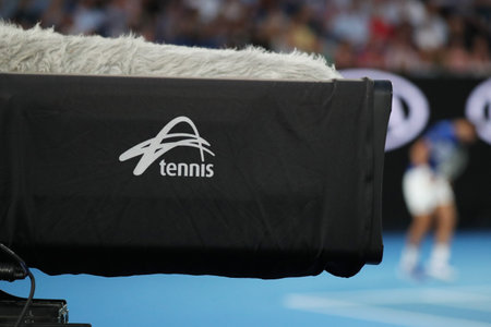 MELBOURNE, AUSTRALIA - JANUARY 25, 2019: TV camera with Tennis Australia logo during 2019 Australian Open match at Australian tennis center in Melbourne Parkのeditorial素材