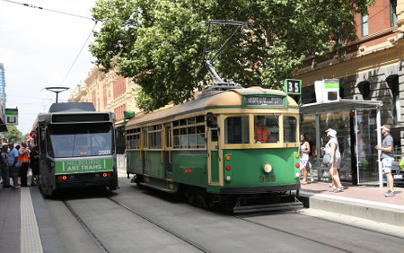 MELBOURNE, AUSTRALIA - JANUARY 24, 2019: Vintage W class tram in City Circle service.This free tram aimed mainly for tourists running around the central business district of Melbourne, Australiaのeditorial素材