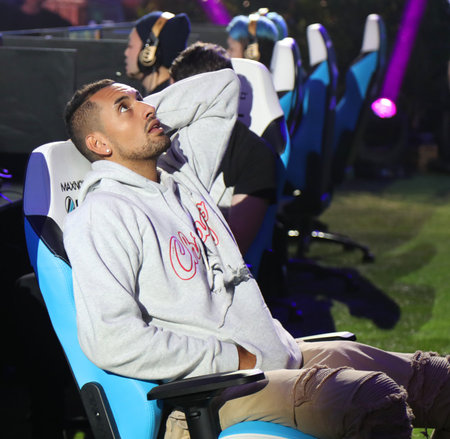 MELBOURNE, AUSTRALIA - JANUARY 27, 2019: Professional tennis player Nick Kyrgios joints hundreds...