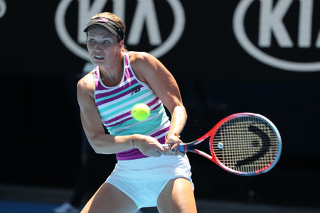 MELBOURNE, AUSTRALIA - JANUARY 24, 2019: Professional tennis player Danielle Collins of United States in action during her semifinal match at 2019 Australian Open in Melbourne Parkのeditorial素材