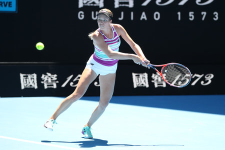 MELBOURNE, AUSTRALIA - JANUARY 24, 2019: Professional tennis player Danielle Collins of United States in action during her semifinal match at 2019 Australian Open in Melbourne Parkのeditorial素材