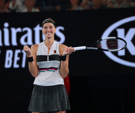 MELBOURNE, AUSTRALIA - JANUARY 24, 2019: Grand Slam Champion Petra Kvitova of Czech Republic celebrates victory after her semifinal match at 2019 Australian Open in Melbourne Parkのeditorial素材