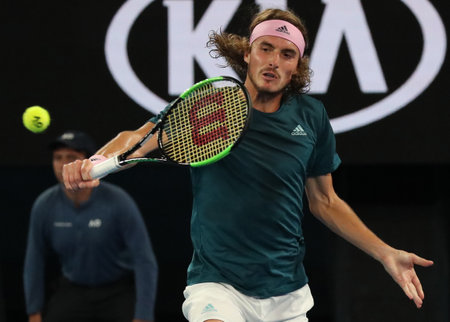 MELBOURNE, AUSTRALIA - JANUARY 24, 2019: Professional tennis player Stefanos Tsitsipas of Greece in action during his semifinal match at Australian Open 2019 in Melbourne Parkのeditorial素材