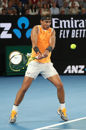 MELBOURNE, AUSTRALIA - JANUARY 24, 2019: Seventeen times Grand Slam champion Rafael Nadal of Spain in action during his semifinal match at 2019 Australian Open in Melbourne Parkのeditorial素材