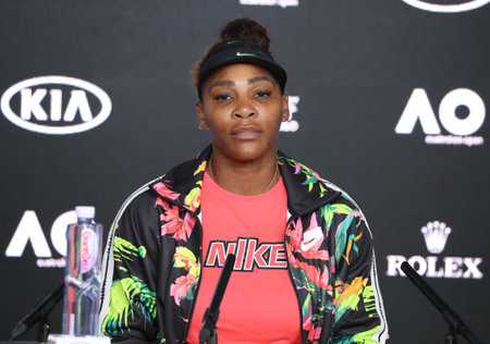 MELBOURNE, AUSTRALIA - JANUARY 22, 2019: Grand Slam Champion Serena Williams of USA during press conference after her loss in 2019 Australian Open quarter-final match against Karolina Pliskovaのeditorial素材
