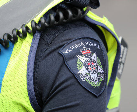 MELBOURNE, AUSTRALIA - JANUARY 26, 2019: Victoria Police shoulder patch. Victoria Police Department provides security during 2019 Australia Day Parade in Melbourneのeditorial素材
