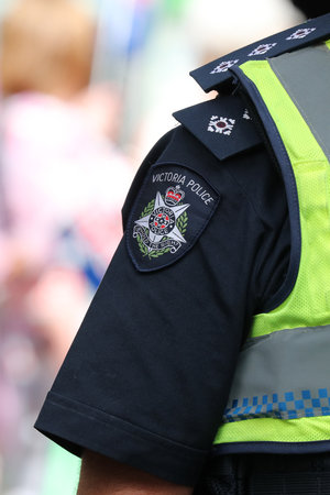 MELBOURNE, AUSTRALIA - JANUARY 26, 2019: Victoria Police shoulder patch. Victoria Police Department provides security during 2019 Australia Day Parade in Melbourneのeditorial素材