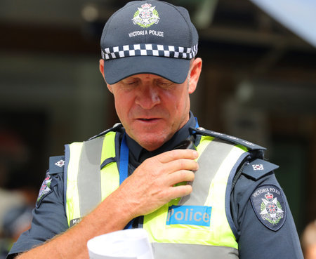 MELBOURNE, AUSTRALIA - JANUARY 26, 2019: Victoria Police shoulder patch. Victoria Police Department provides security during 2019 Australia Day Parade in Melbourneのeditorial素材